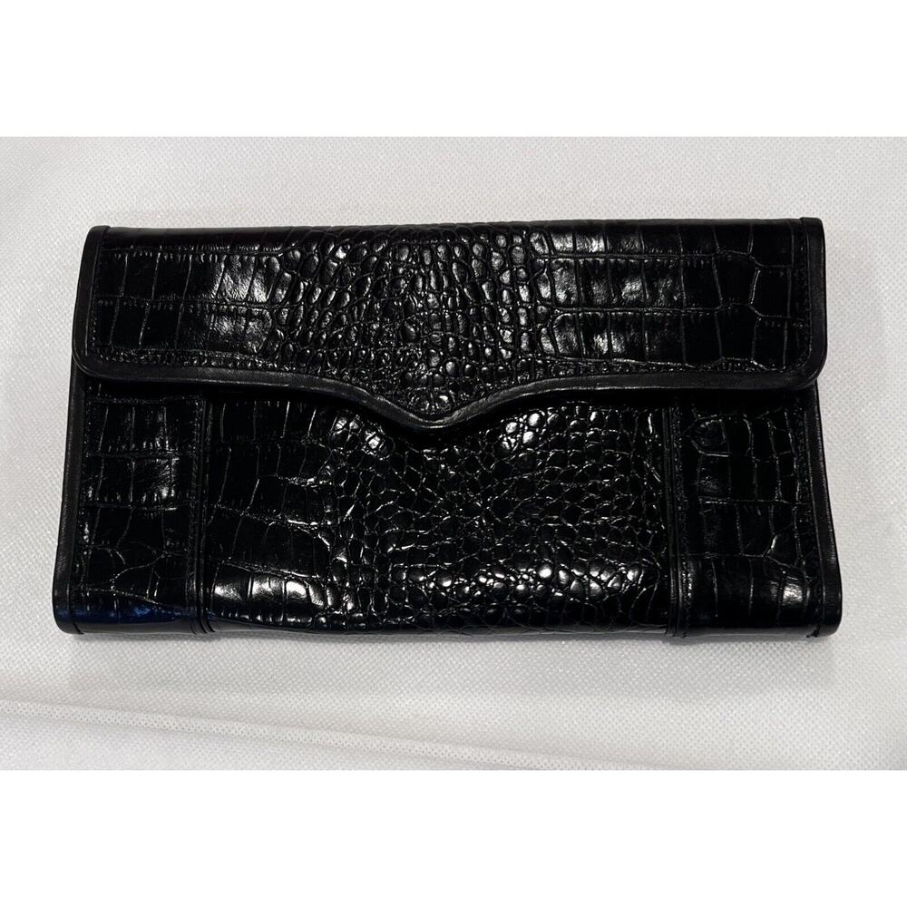 Rebecca Minkoff Large Black Embossed Leather Large Trifold Wallet Snap Closure